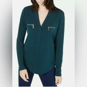 INC International Concepts Women's Zip-Pocket Blouse, Mosaic Green